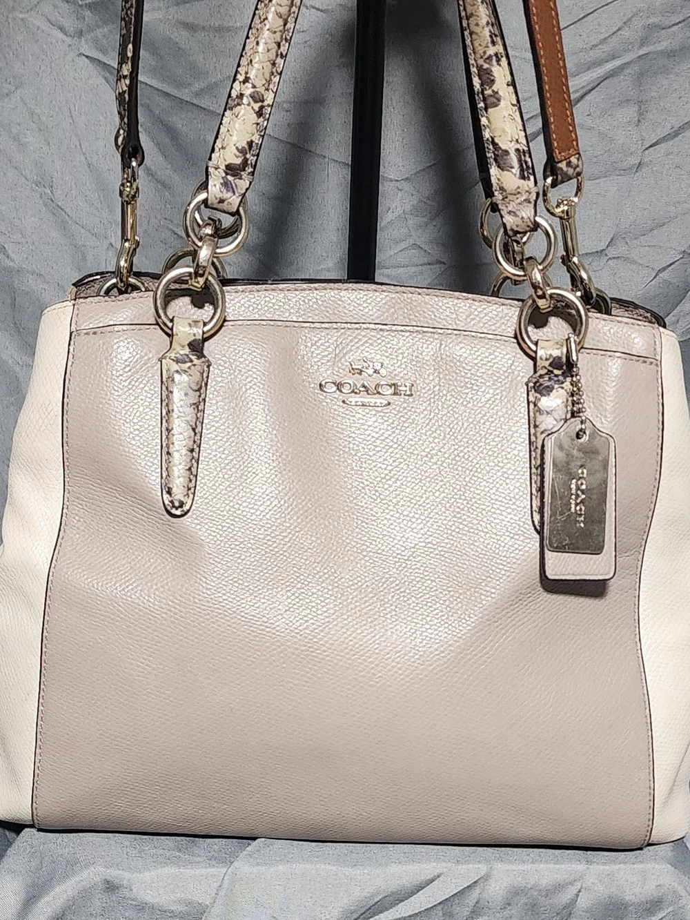 Coach Minetta Snake Print Taupe Leather Shoulderbag Satchel Handbag Purse